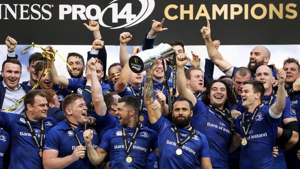 The retiring Isa Nacewa holds the Pro 14 trophy aloft after Leinster's 40-32 victory