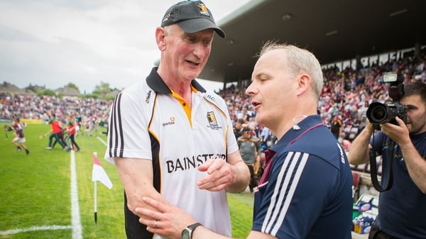 Micheál Donoghue shakes hands with Brian Cody after the Pearse Stadium clash