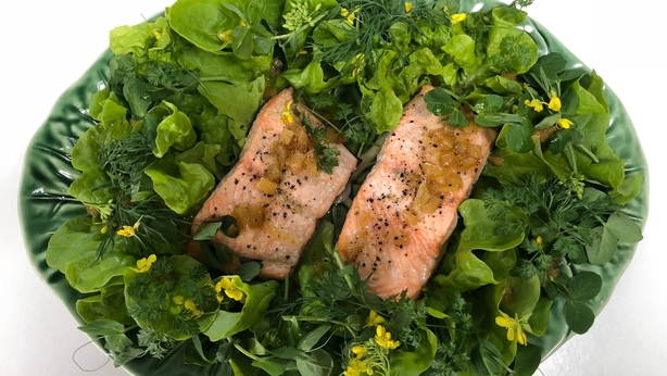 Roast Wild Salmon with Lettuce Leaves, Pea Tendrils & Lemon Dressing