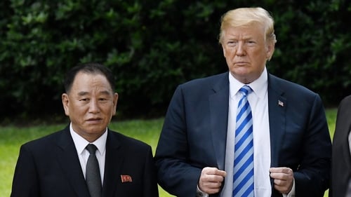 Donald Trump and North Korean official Kim Yong Chol following talks at the White House