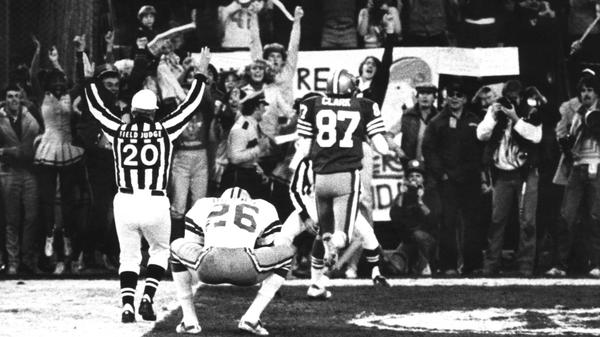 Dwight Clark (No 87) celebrates his famous catch in 1981