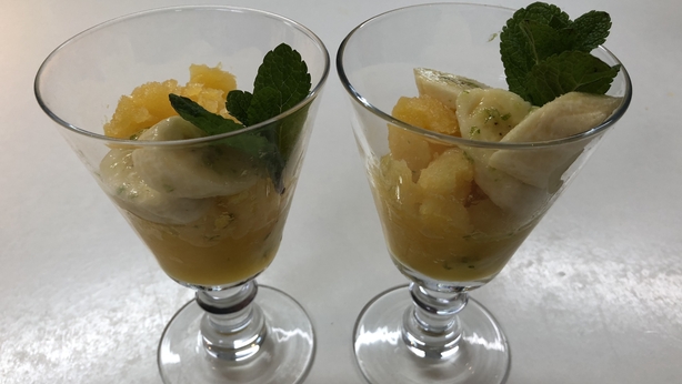Orange and Passion Fruit Granita with Mango, Banana and Lime