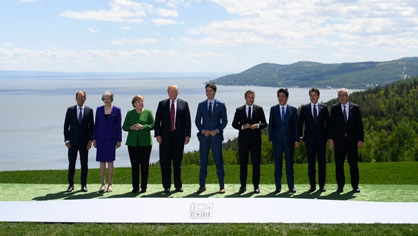 Donald Tusk, Theresa May, Angela Merkel, Donald Trump, Justin Trudeau, Emmanuel Macron, Shinzo Abe, Giuseppe Conte and Jean Claude Juncker