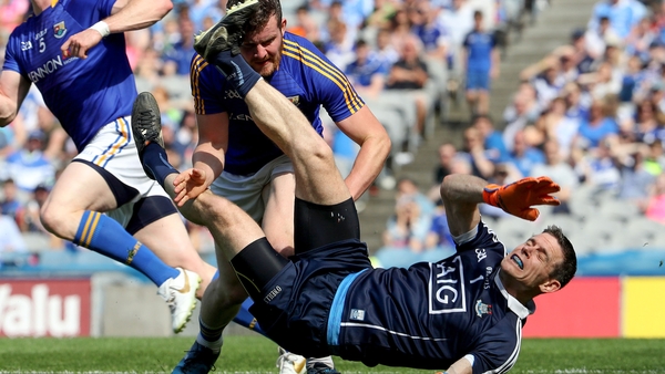 James McGivney was red carded for this challenge on Dublin goalkeeper Stephen Cluxton