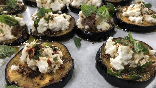 Roasted Aubergine with Ricotta, Honey, Mint, Fennel and Chilli
