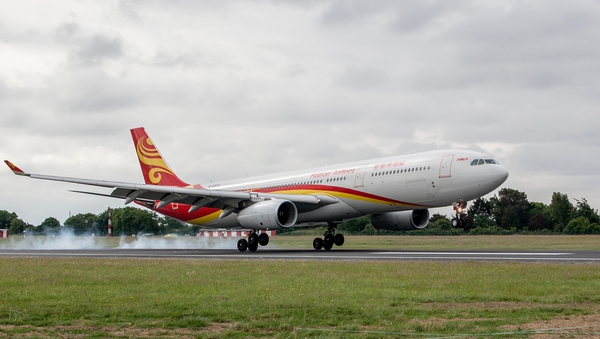 The Hainan Airlines flight touching down at Dublin Airport before its first Dublin to Beijing non-stop flight today