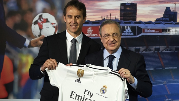 Julen Lopetegui the new head coach of Real Madrid poses with Florentino Perez