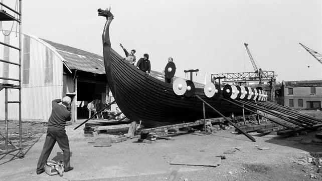 Replica Viking longship under construction in East Wall, Dublin (1988)