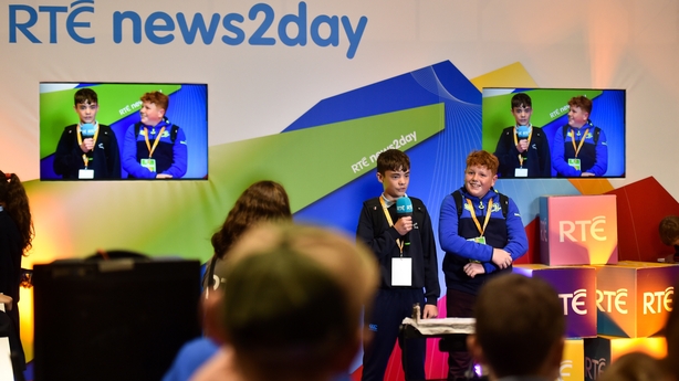 Finn Hassett, left, and Killian McHugh of Scoil Mhuire Cloneygowan in Tullamore, Co Offaly, at the RTE news2day stand