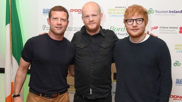 Ed Sheeran with Dermot O'Leary and the London Irish Centre's Director of Culture, Gary Dunne
