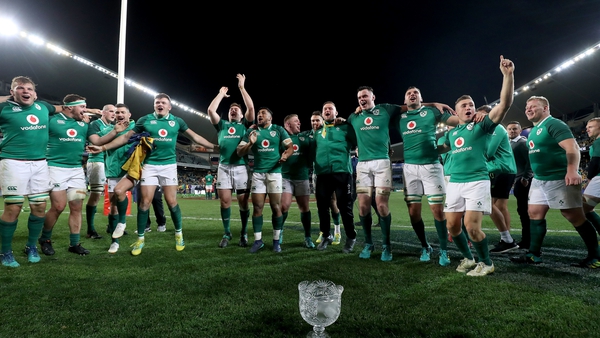 Ireland players celebrate with the Lansdowne Cup