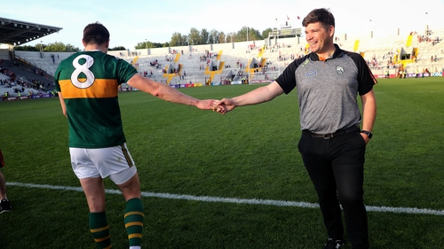 Kerry Manager Eamonn Fitzmaurice congratulates David Moran after the game