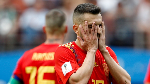 Jordi Alba reacts during the World Cup penalty shoot-out defeat to Russia