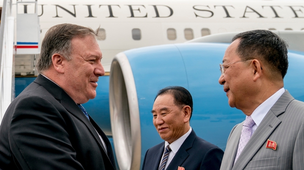 US Secretary of State Mike Pompeo is greeted by Kim Yong Chol in Pyongyang