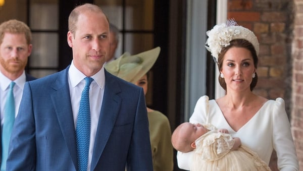 Prince William and Kate Middleton bring Prince Louis to the chapel for his christening, followed by Prince Harry and Meghan Markle