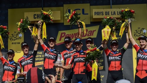 USA's BMC Racing team celebrate on the podium