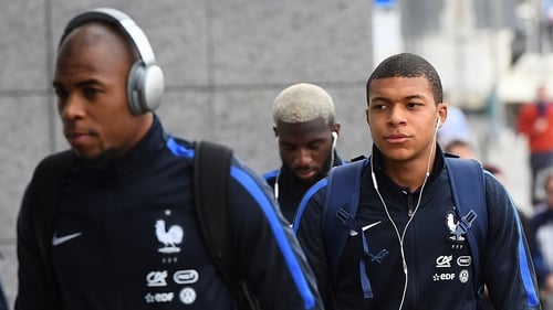 France's Djibril Sidibé and Kylian Mbappe get in the mood before the 2018 World Cup final. Photo: Franck Fife/AFP/ Getty Images