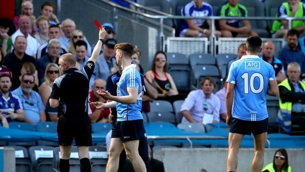 John Small is sent off by referee Barry Cassidy in the Leinster final