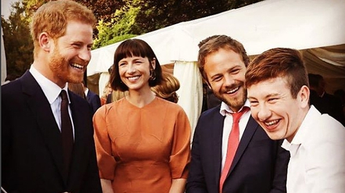 Britain's Prince Harry, Caitriona Balfe, Moe Dunford and Barry Keoghan at the summer garden party in the British Ambassador to Ireland's residence at Glencairn Photo: Kensington Palace, Twitter