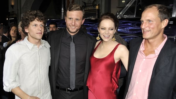 Jesse Eisenberg, director Ruben Fleischer, Emma Stone and Woody Harrelson at the premiere of Zombieland in Los Angeles in September 2009