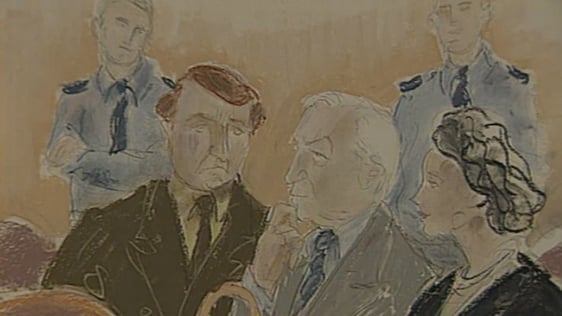 Court artist's sketch of Charles and Ciarán Haughey, and solicitor, Dublin District Court (1998)