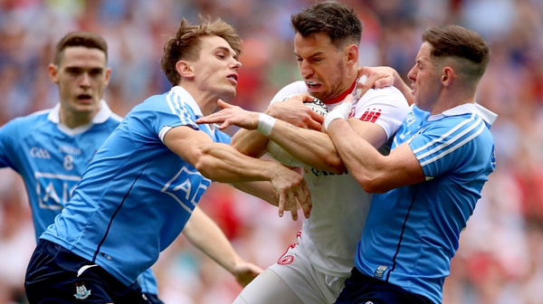 Dublin's Brian Fenton, Michael Fitzsimons and Philip McMahon tackle Matthew Donnelly of Tyrone in last year's all-Ireland semi