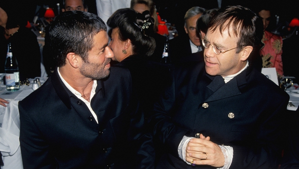 George Michael and Elton John at the Party Against AIDS at the Moulin Rouge cabaret on October 11, 1994 in Paris