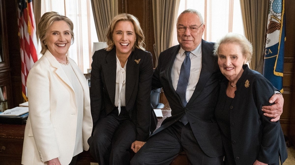 Hillary Clinton, Tea Leoni, Colin Powell and Madeline Albright on the set of Madam Secretary on July 11. Pic: @TeaLeoni