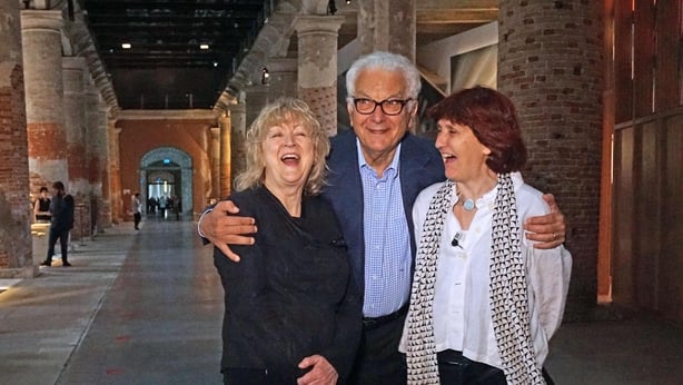 The President of the Venice Biennale, Paolo Baratta, with Shelley McNamara and Yvonne Farrell