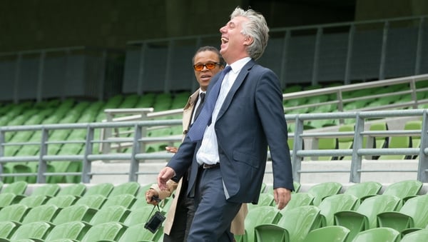 Delaney shares a laugh with former Dutch international Edgar Davids at the Aviva Stadium