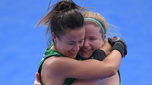 Anna O'Flanagan (L) celebrates with Shirley McCay after the win against India