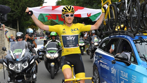 Geraint Thomas celebrates his Tour de France win