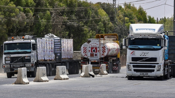Trucks at the Kerem Shalom crossing in Rafah, the main passage point for goods entering Gaza from Israel