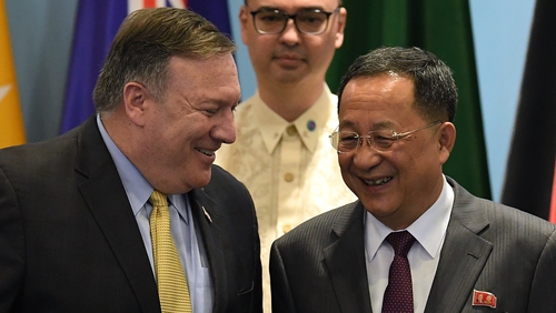 US Secretary of State Mike Pompeo alongside North Korea's Foreign Minister Ri Yong Ho
