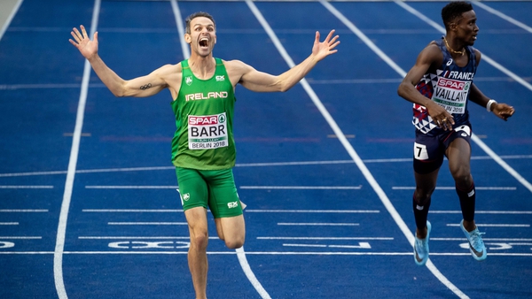 Thomas Barr crosses the finishing line in Berlin