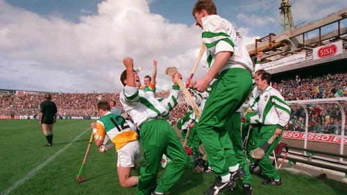 The Offaly bench celebrate at the final whistle of their comeback win against Limerick in 1994