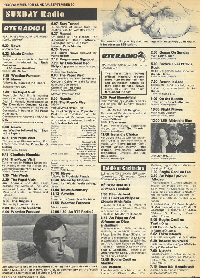 RTÉ Guide Pope Radio Coverage 30 September 1979