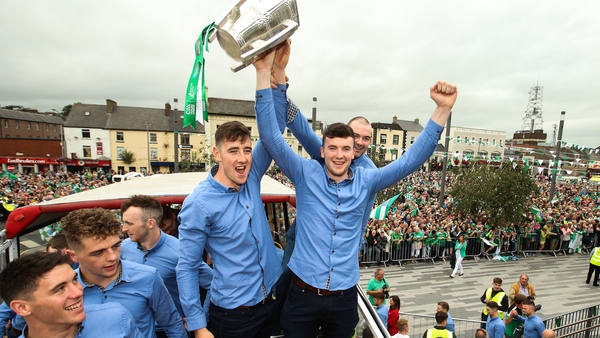 Limerick's Diarmuid Byrnes and Declan Hannon with the Liam MacCarthy