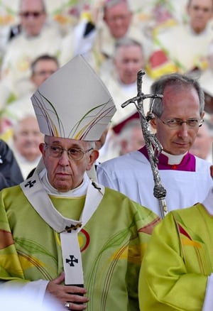 Pope Francis wears green vestments inspired by Celtic imagery during the Papal Mass (Maxwell Pictures)