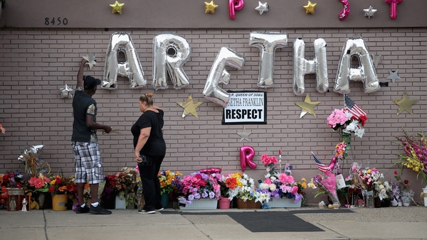 A memorial to the late Aretha Franklin was set up outside the New Bethel Baptist Church in Detroit, Michigan
