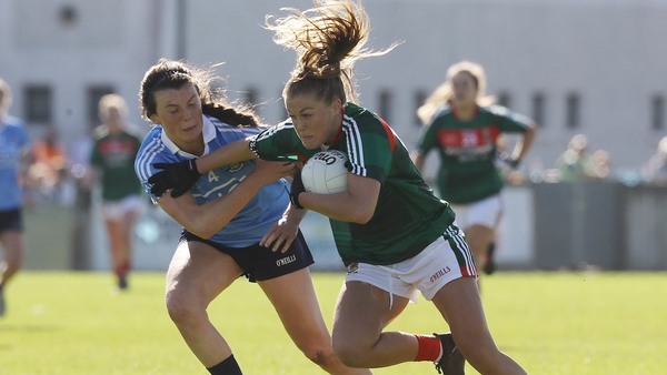Dublin's Leah Caffrey tackles Sarah Rowe of Mayo in this year's League final