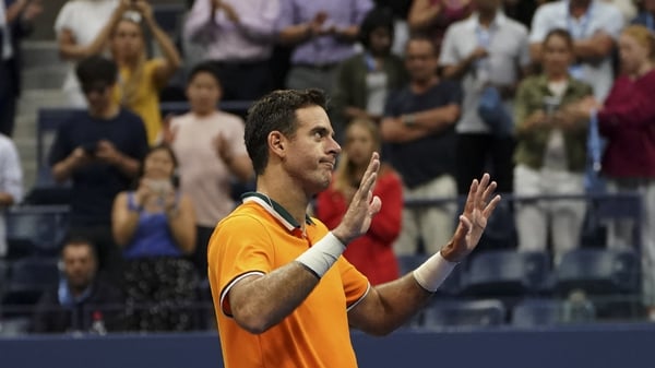 Juan Martin del Potro of Argentina salutes the crowd after Rafael Nadal was forced to retire with an injury
