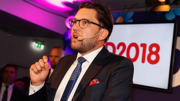 Leader of the far-right Sweden Democrats Jimmy Akesson addresses members and supporters in Stockholm this evening