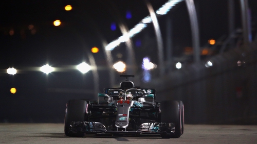 The Mercedes on track at the Marina Bay Street Circuit