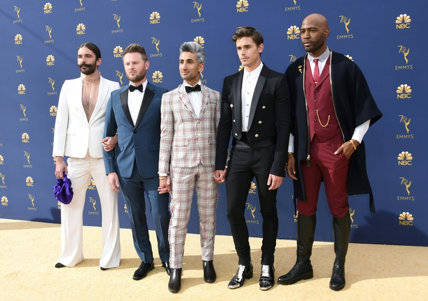 The cast from 'Queer Eye' (L-R) Jonathan Van Ness, Bobby Berk, Tan France, Antoni Porowski and Karamo Brown arrive for the 70th Emmy Awards at the Microsoft Theatre in Los Angeles, California on September 17, 2018. (Photo by VALERIE MACON / AFP) (Photo credit should read VALERIE MACON/AFP/Getty Images)