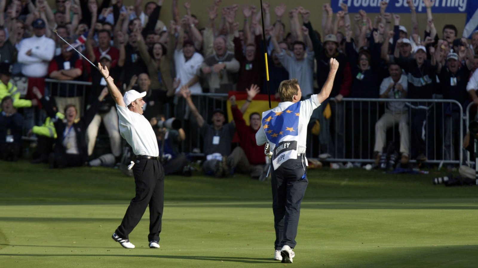 Image - Paul McGinley after nailing a putt on 18 to seal the 2002 Ryder Cup for Europe