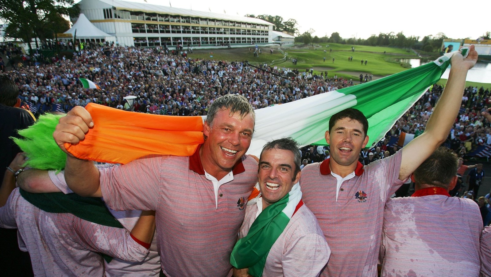 Image - Darren Clarke, Paul McGinley and Padraig Harrington with the tricolour after the 2006 Ryder Cu