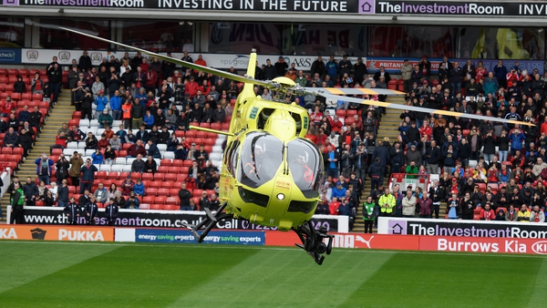 An air ambulance lands on the Oakwell pitch