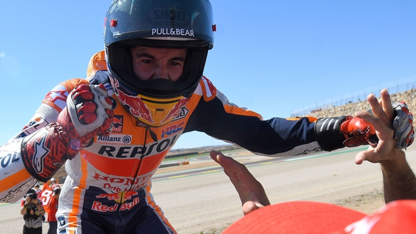 Repsol Honda Team's Spanish rider Marc Marquez celebrates his victory