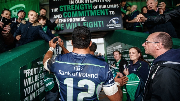 Bundee AKi salutes supporters after the Pro14 win at home to Scarlets